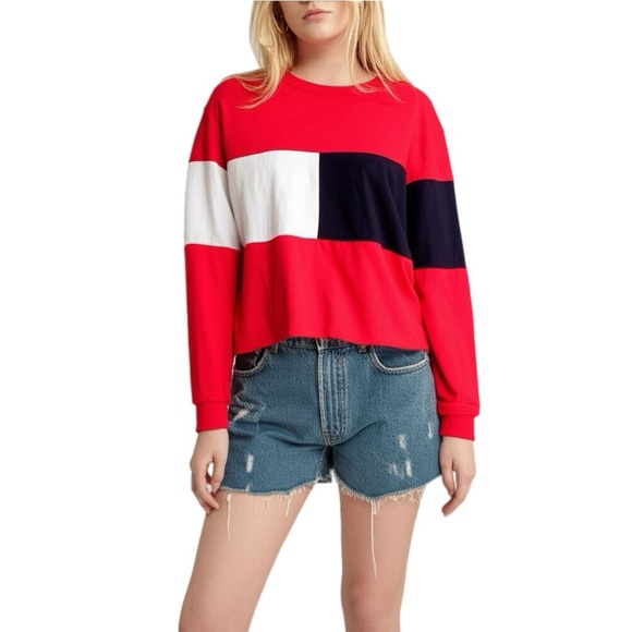New GAZE Women’s Long Sleeve Boxy Fit Cropped Shirt Sz M Patriotic Color Block - Picture 1 of 11